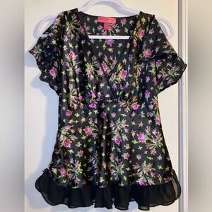 Betsey Johnson Intimates Womens Medium Black Floral Satin Top Lingerie Y2K